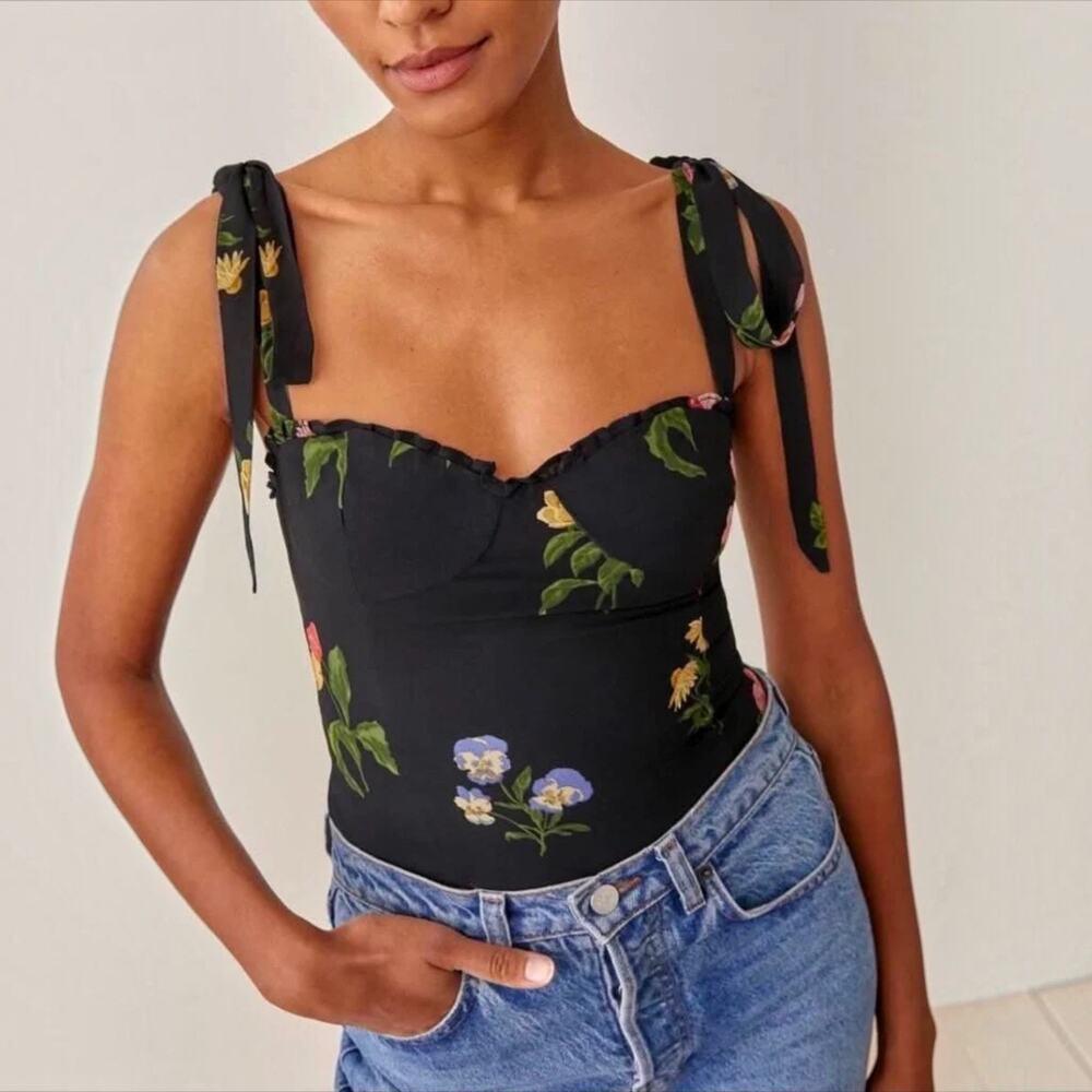 Commense Black Floral Chiffon Corset Bustier Top Tie Straps